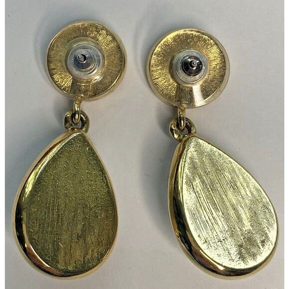 Vintage Monet Gold Tone Faux Pearl & Rhinestone Dangle Drop Earrings PB78 - Picture 2 of 3